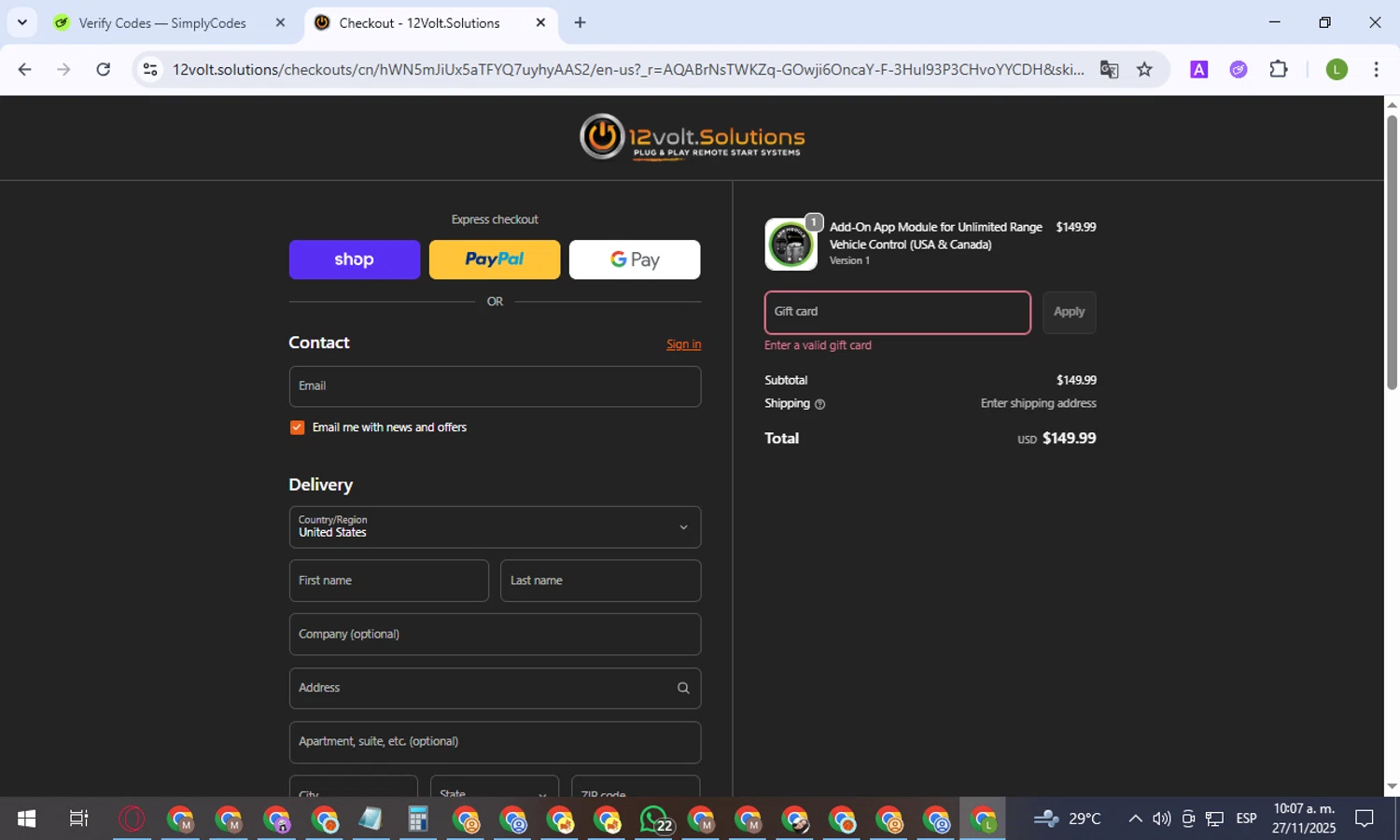12Volt.Solutions promo code screenshot showing code MILITARY12 applied at 12Volt.Solutions checkout page. Uploaded by SimplyCodes community member BargainEagle9039 on Nov 27, 2025