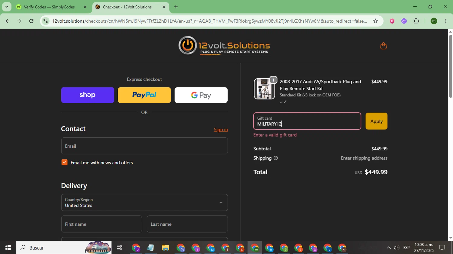 12Volt.Solutions promo code screenshot showing code MILITARY12 applied at 12Volt.Solutions checkout page. Uploaded by SimplyCodes community member CoinSage7057 on Nov 27, 2025