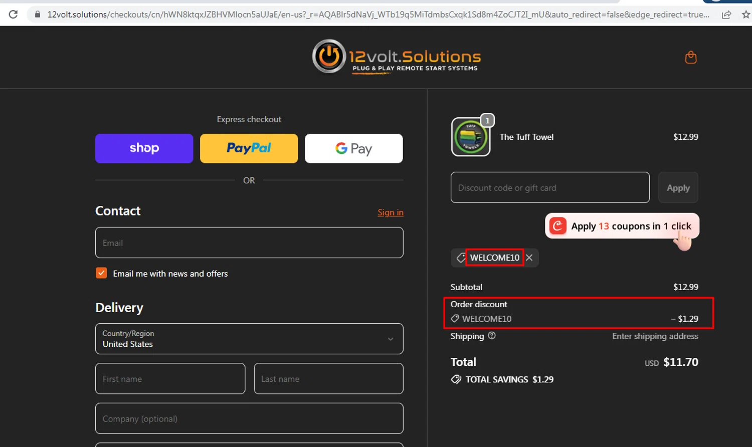 12Volt.Solutions promo code screenshot showing code WELCOME10 applied at 12Volt.Solutions checkout page. Uploaded by SimplyCodes community member nileskamarcano on Feb 14, 2026