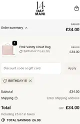 BIRTHDAY15 coupon verification screenshot