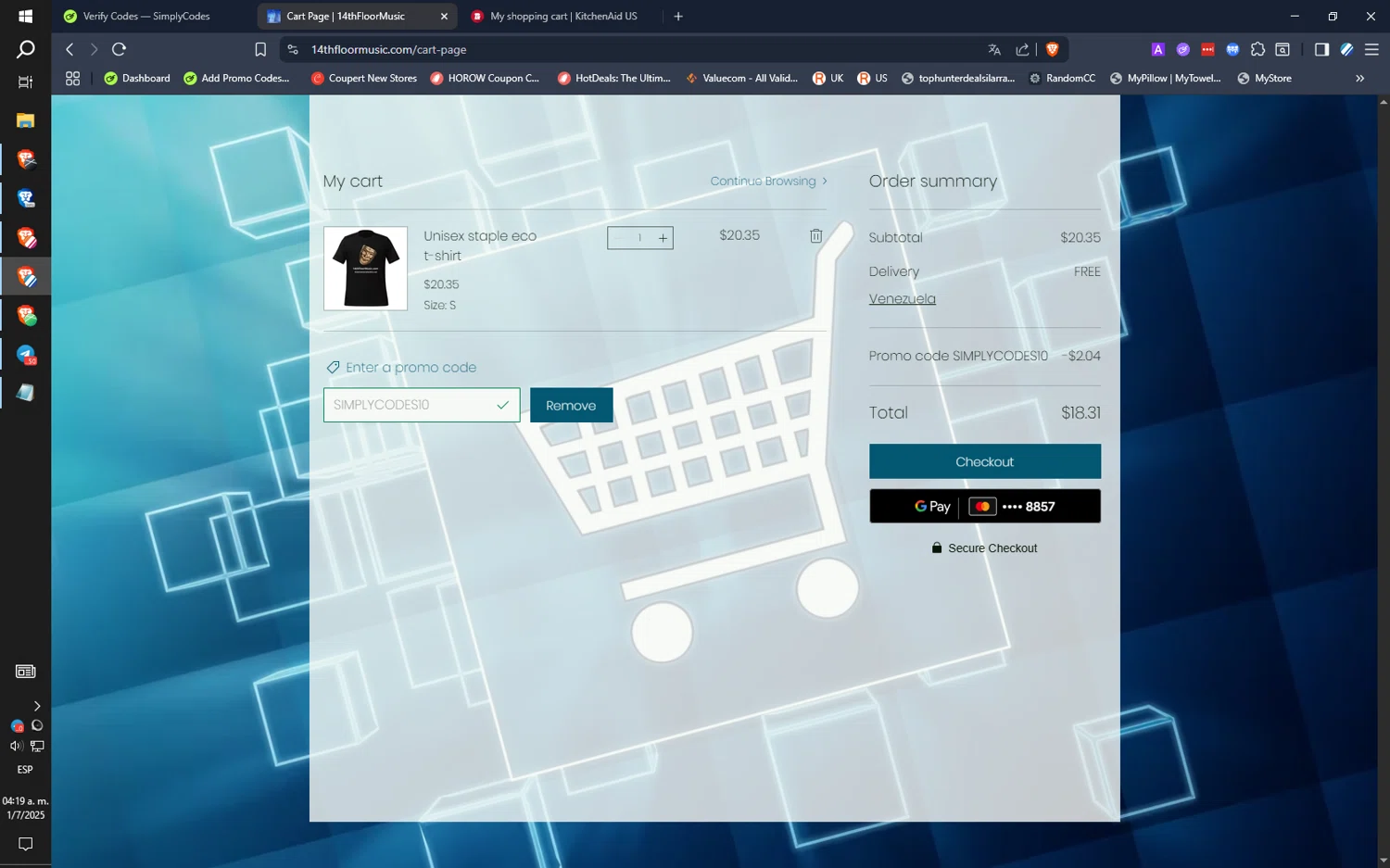14thFloorMusic.com promo code screenshot showing code SIMPLYCODES10 applied at 14thFloorMusic.com checkout page. Uploaded by SimplyCodes community member SwiftLogic2048 on Jul 1, 2025