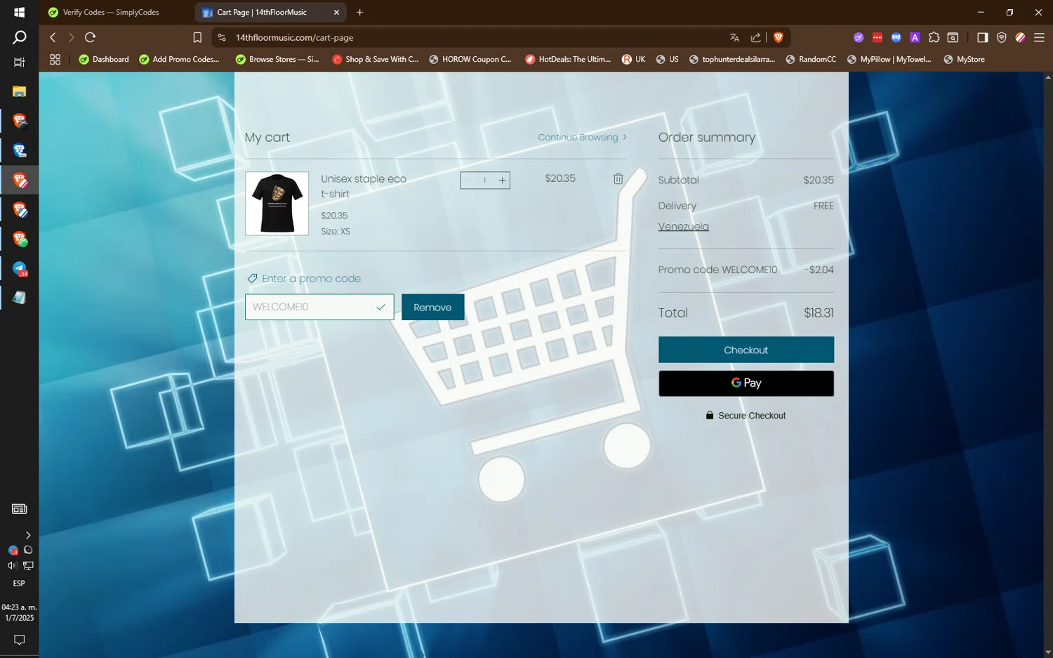 14thFloorMusic.com promo code screenshot showing code WELCOME10 applied at 14thFloorMusic.com checkout page. Uploaded by SimplyCodes community member IronMind4607 on Jul 1, 2025