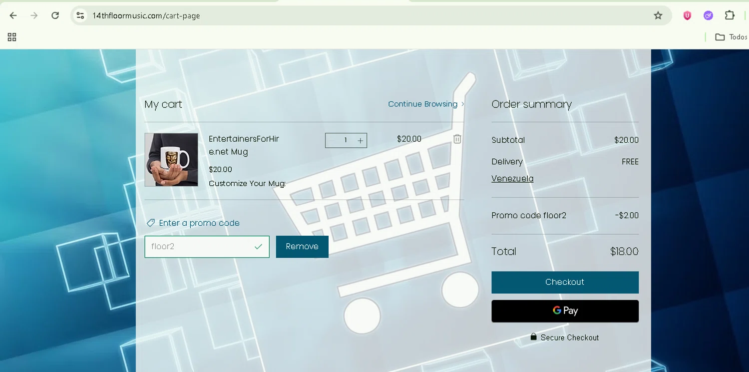 14thFloorMusic.com promo code screenshot showing code floor2 applied at 14thFloorMusic.com checkout page. Uploaded by SimplyCodes community member NobleSentinel8535 on Jul 1, 2025