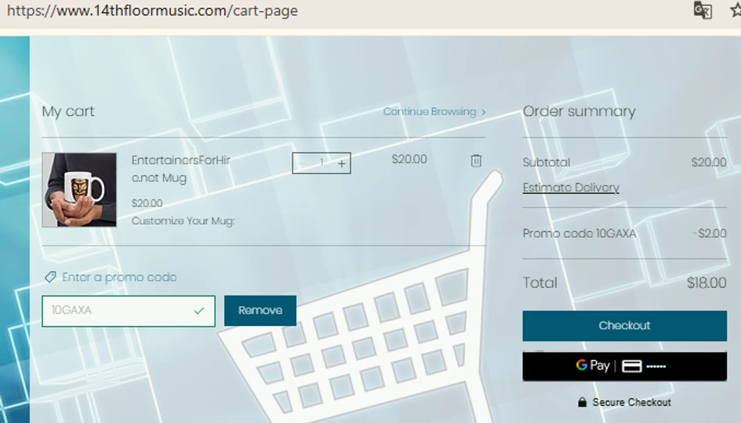 14thFloorMusic.com promo code screenshot showing code 10GAXA applied at 14thFloorMusic.com checkout page. Uploaded by SimplyCodes community member RewardFinder4836 on Jul 1, 2025