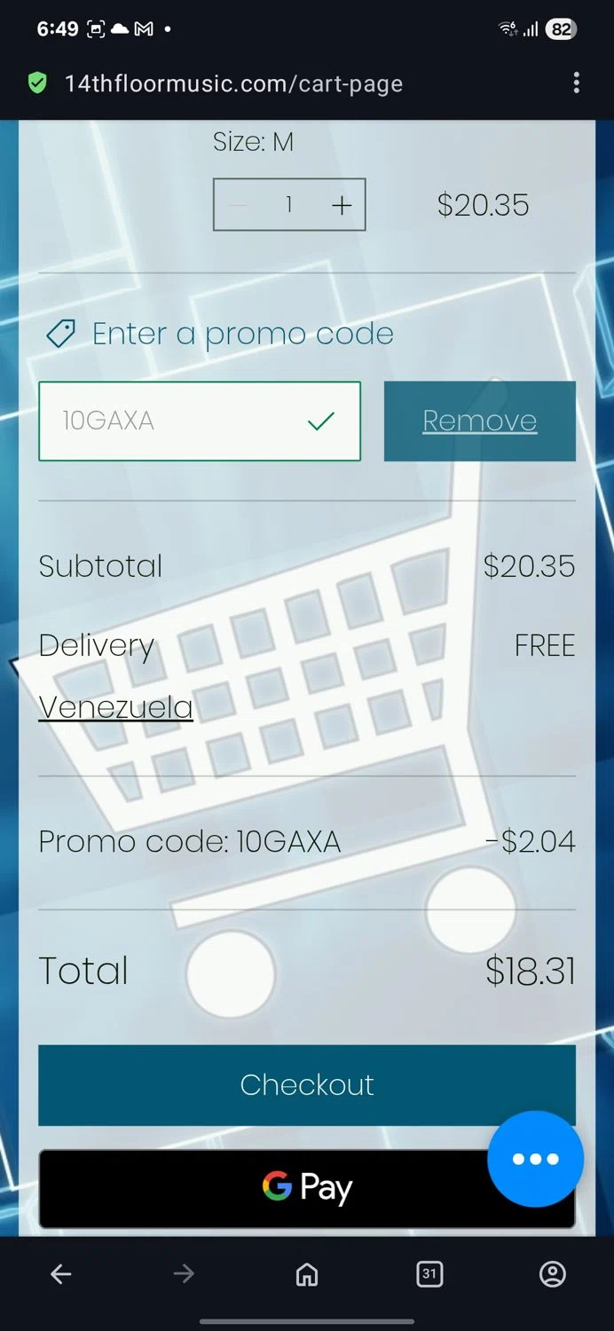 14thFloorMusic.com promo code screenshot showing code 10GAXA applied at 14thFloorMusic.com checkout page. Uploaded by SimplyCodes community member guest_623525963 on Sep 26, 2025
