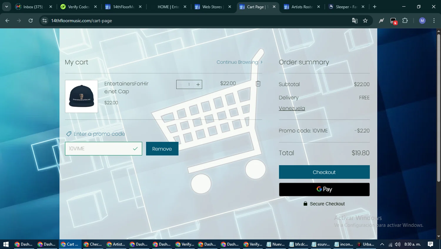 14thFloorMusic.com promo code screenshot showing code 10VIME applied at 14thFloorMusic.com checkout page. Uploaded by SimplyCodes community member PrimeFox5260 on Aug 28, 2025
