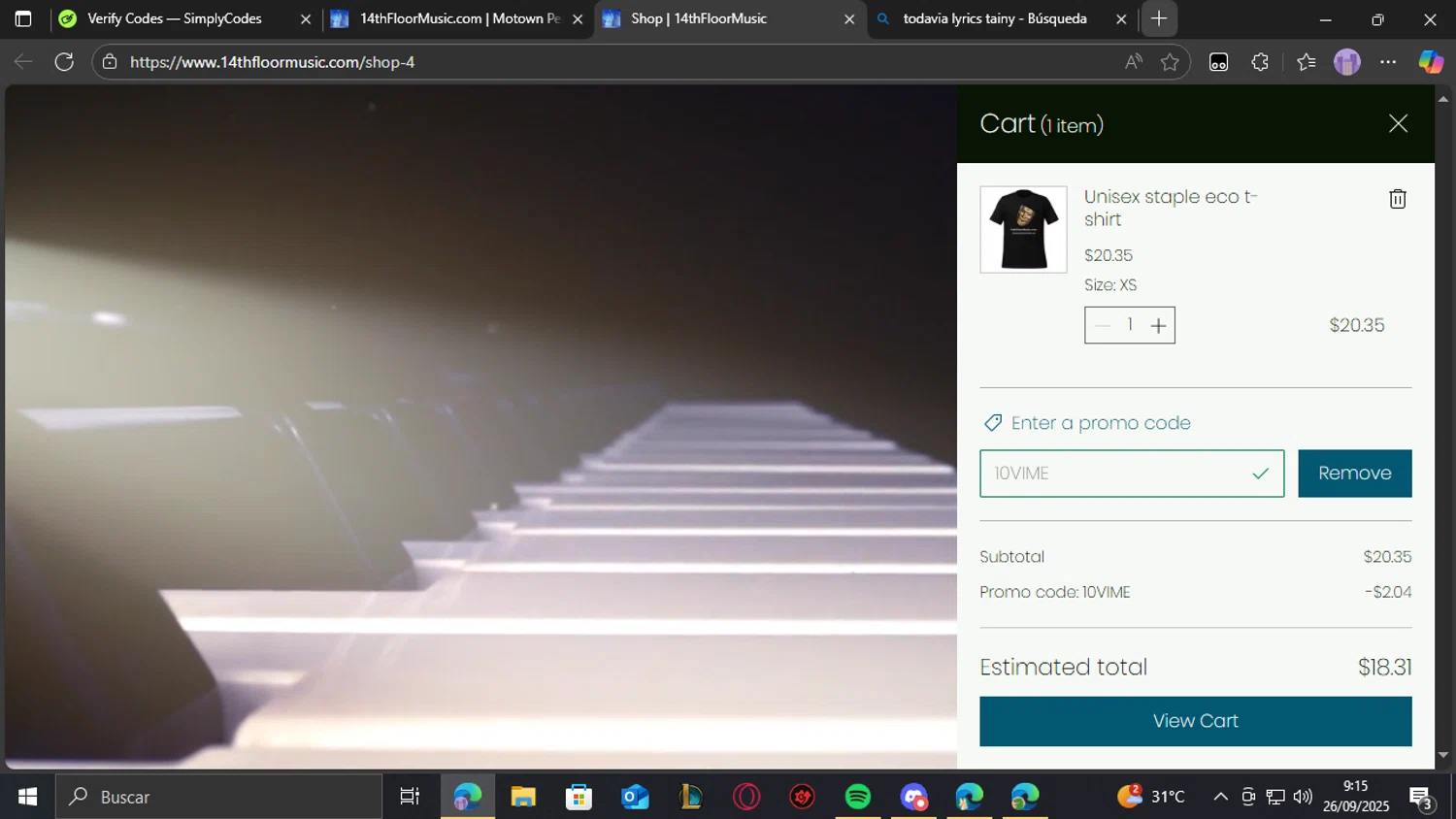 14thFloorMusic.com promo code screenshot showing code 10VIME applied at 14thFloorMusic.com checkout page. Uploaded by SimplyCodes community member THEBANANA on Sep 26, 2025