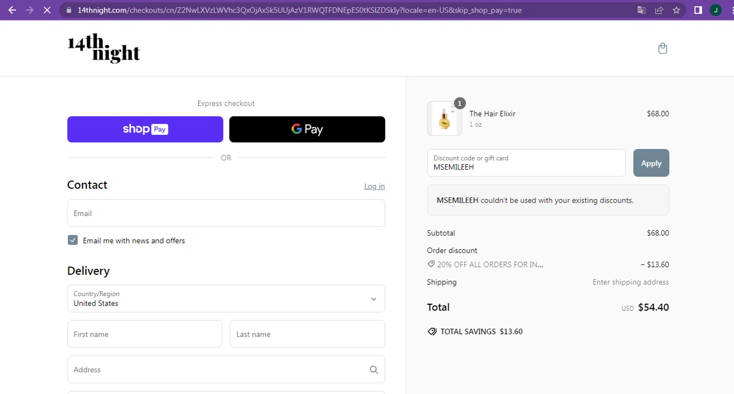 14th night promo code screenshot showing code MSEMILEEH applied at 14th night checkout page. Uploaded by SimplyCodes community member Intel_VS_AMD on Mar 8, 2025