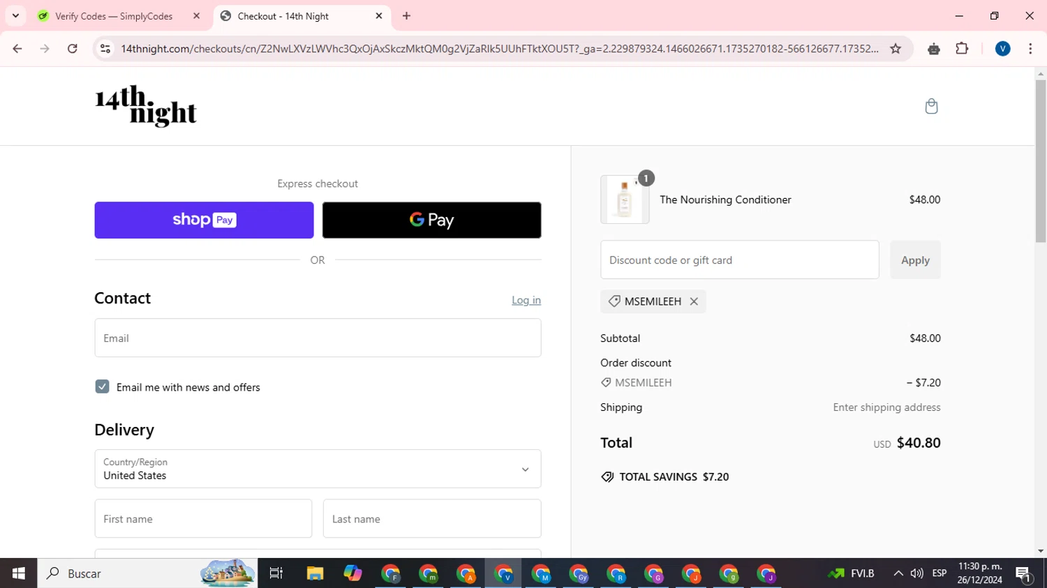 14th night promo code screenshot showing code MSEMILEEH applied at 14th night checkout page. Uploaded by SimplyCodes community member CrownTitan5376 on Dec 27, 2024