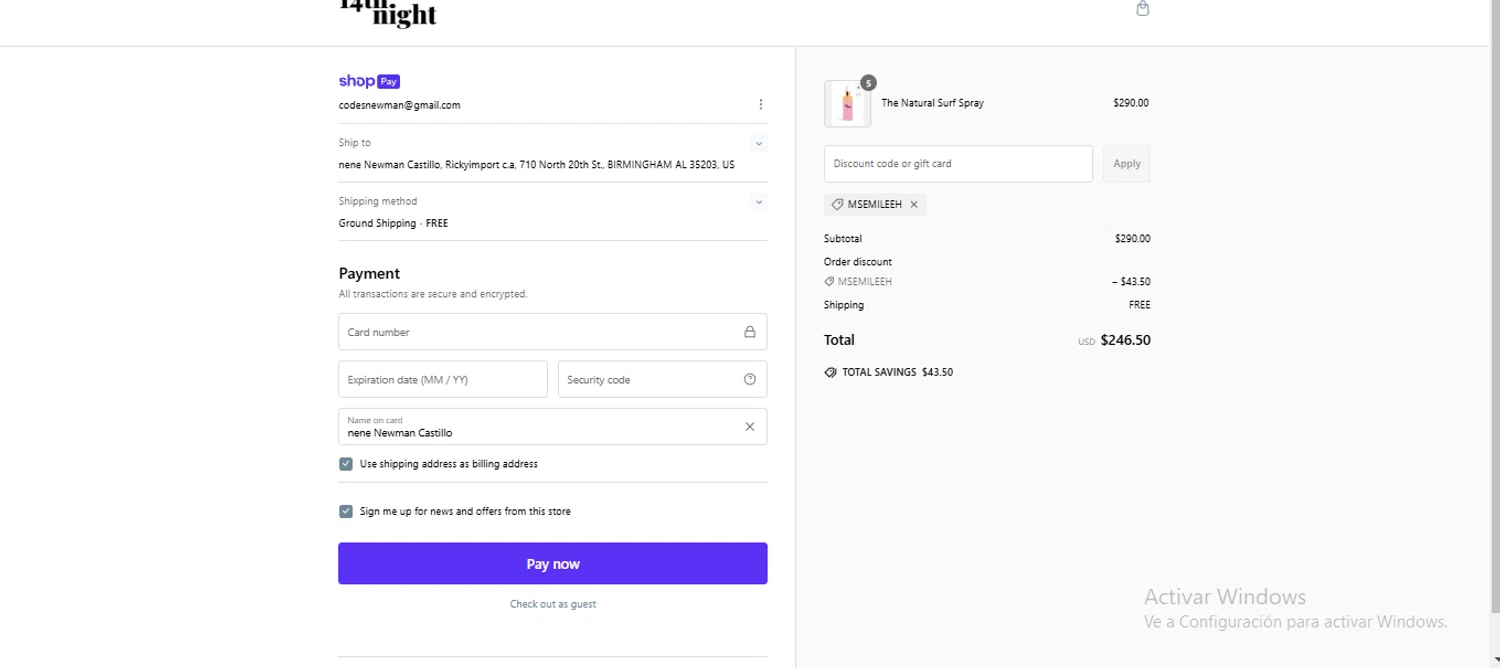 14th night promo code screenshot showing code MSEMILEEH applied at 14th night checkout page. Uploaded by SimplyCodes community member larenacida on Feb 7, 2025