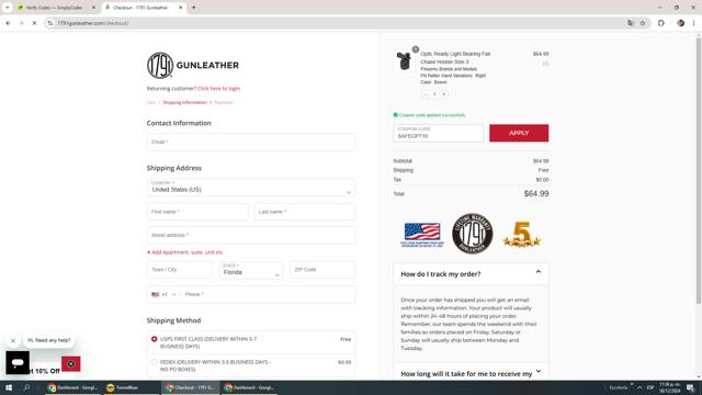 1791 Gunleather checkout page showing 1791 Gunleather promo code box | Screenshot taken by SimplyCodes community member on Dec 19, 2024