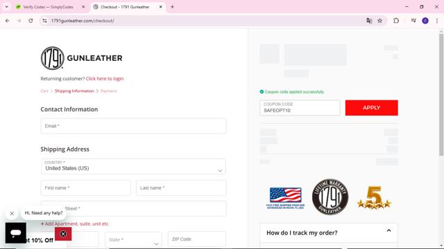 1791 Gunleather checkout page showing 1791 Gunleather promo code box | Screenshot taken by SimplyCodes community member on Feb 9, 2025