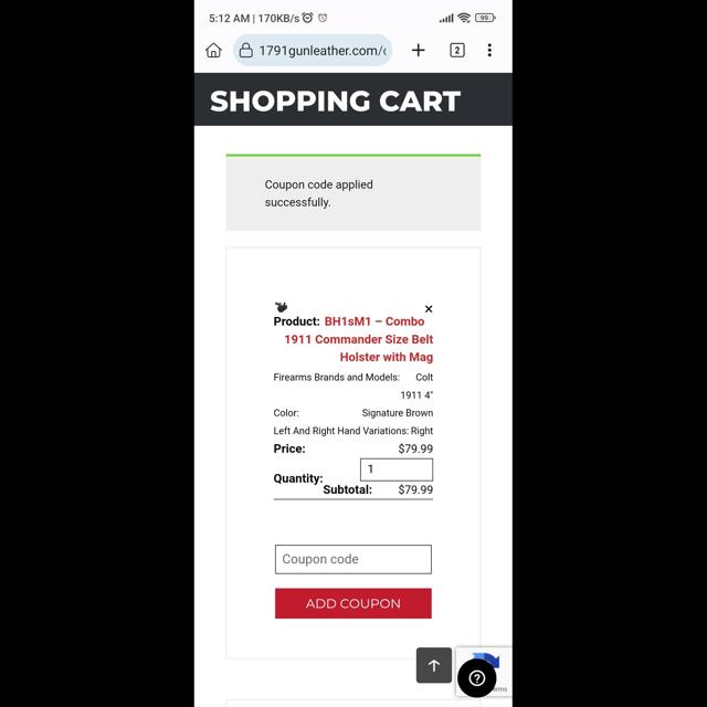 1791 Gunleather checkout page showing 1791 Gunleather promo code box | Screenshot taken by SimplyCodes community member on Sep 2, 2023