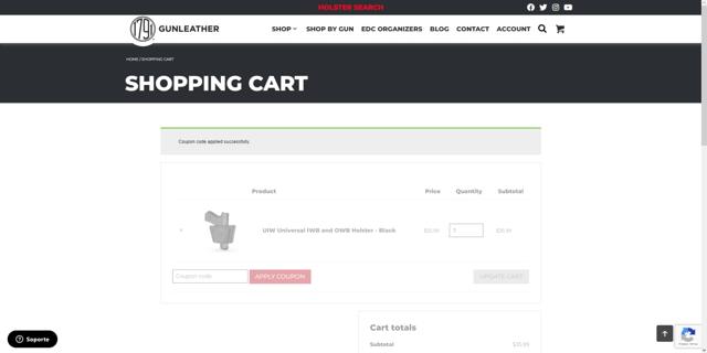 1791 Gunleather checkout page showing 1791 Gunleather promo code box | Screenshot taken by SimplyCodes community member on May 23, 2023