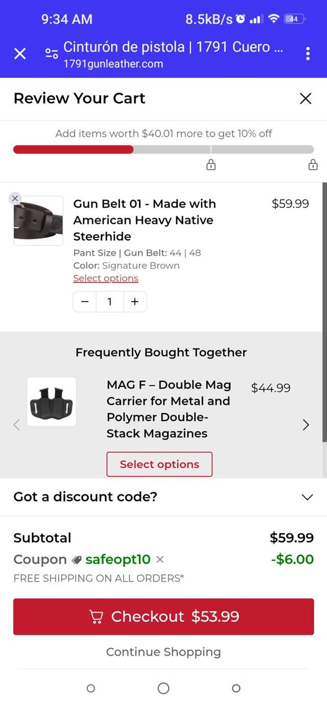 1791 Gunleather checkout page showing 1791 Gunleather promo code box | Screenshot taken by SimplyCodes community member on Dec 6, 2023