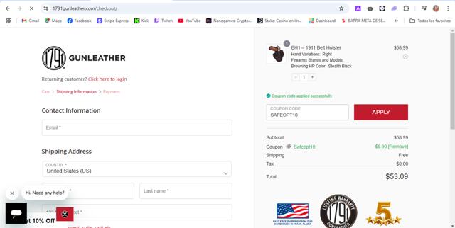 1791 Gunleather checkout page showing 1791 Gunleather promo code box | Screenshot taken by SimplyCodes community member on Feb 9, 2025
