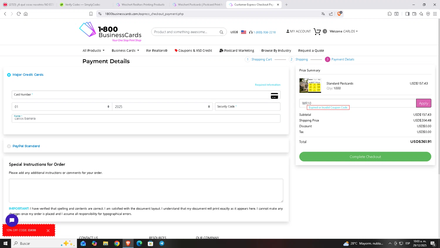 1800BusinessCards promo code screenshot showing code WR10 applied at 1800BusinessCards checkout page. Uploaded by SimplyCodes community member Carloscoder_900457733 on Dec 29, 2025
