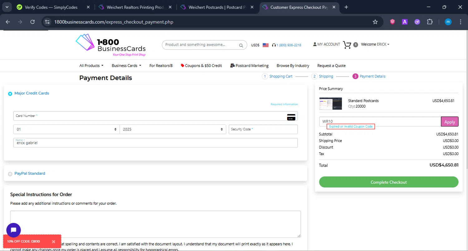 1800BusinessCards promo code screenshot showing code WR10 applied at 1800BusinessCards checkout page. Uploaded by SimplyCodes community member LuckyWarden9122 on Dec 29, 2025