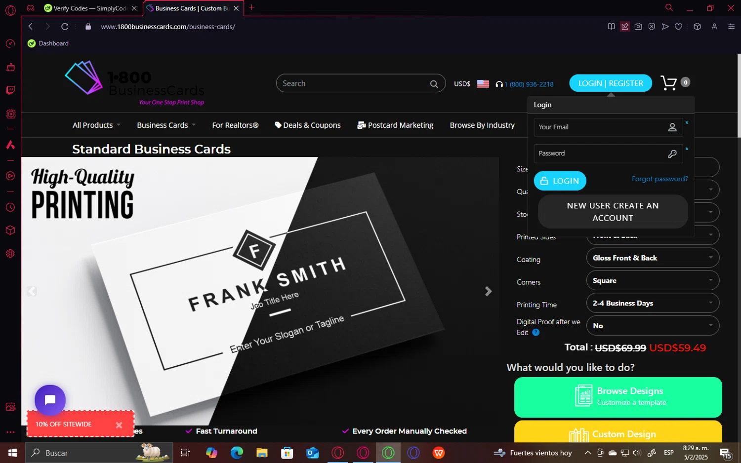 1800BusinessCards checkout page showing 1800BusinessCards promo code box | Screenshot taken by SimplyCodes community member on Feb 5, 2025