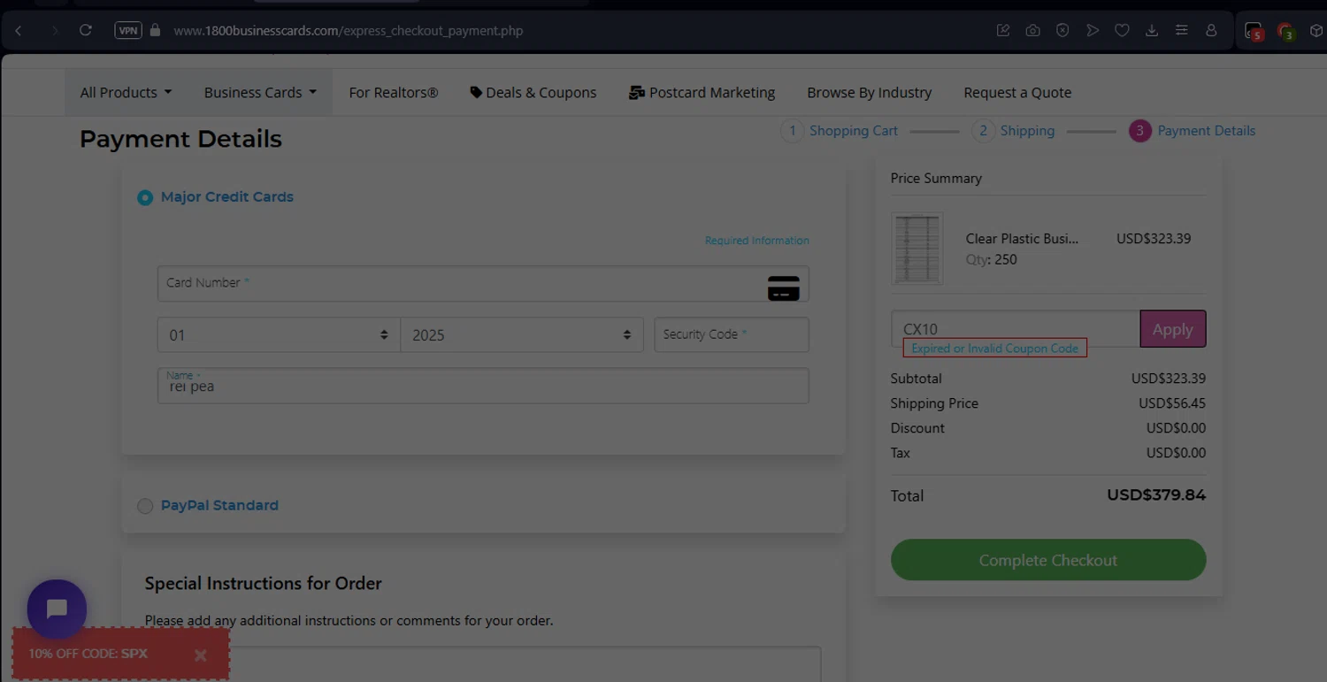 1800BusinessCards promo code screenshot showing code CX10 applied at 1800BusinessCards checkout page. Uploaded by SimplyCodes community member LukaModric on Jun 30, 2025