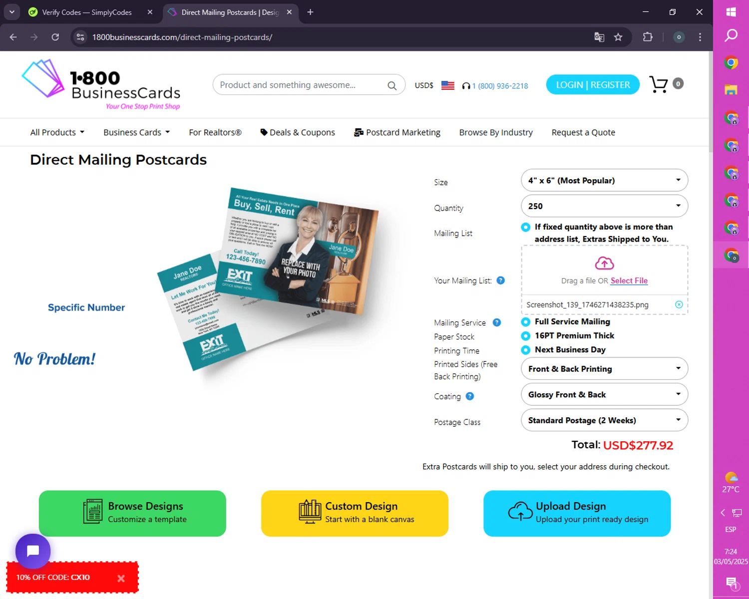 1800BusinessCards promo code screenshot showing code CX10 applied at 1800BusinessCards checkout page. Uploaded by SimplyCodes community member SmartLion1183 on May 3, 2025