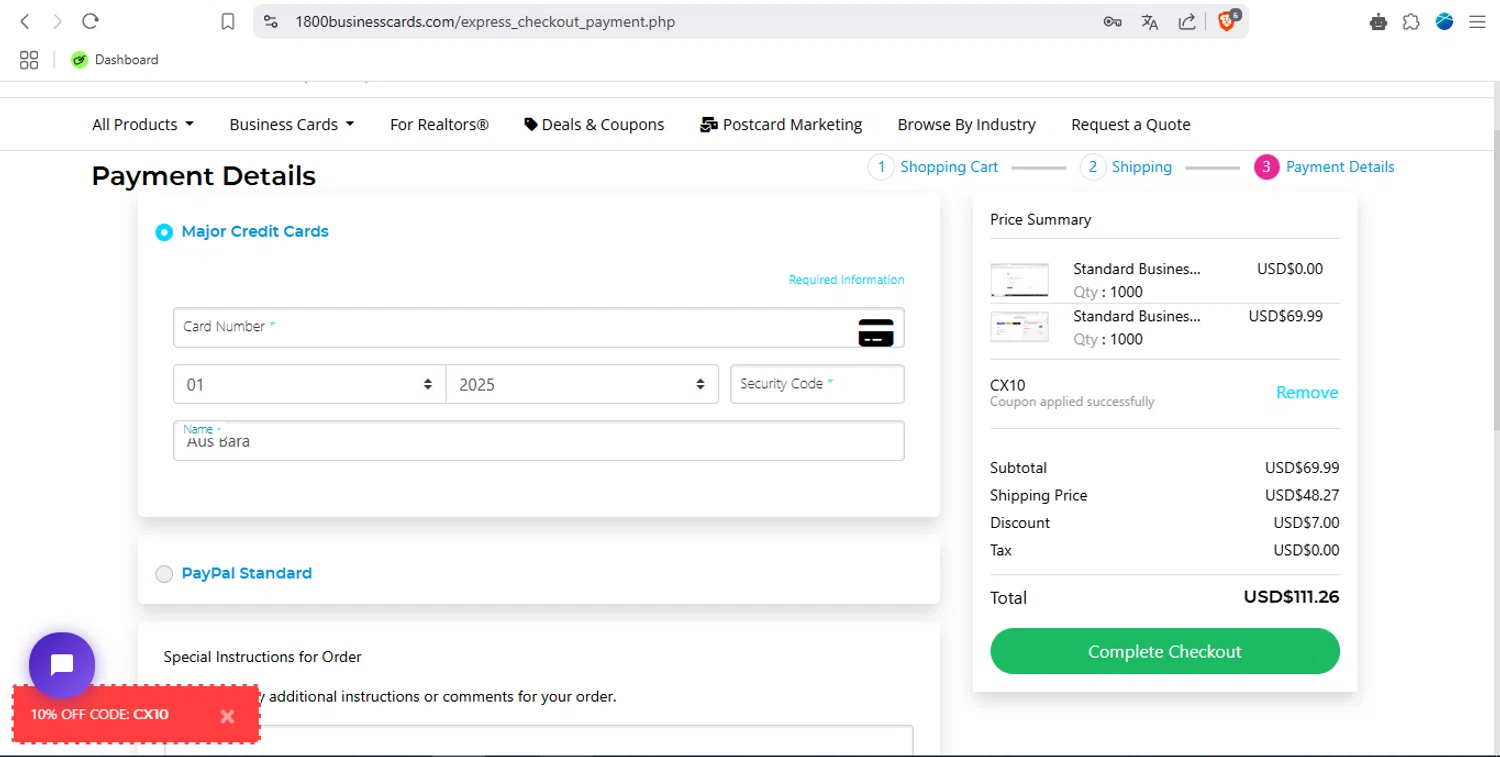 1800BusinessCards checkout page showing 1800BusinessCards promo code box | Screenshot taken by SimplyCodes community member on Mar 6, 2025
