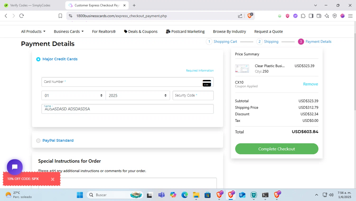 1800BusinessCards promo code screenshot showing code CX10 applied at 1800BusinessCards checkout page. Uploaded by SimplyCodes community member SapeGato on Jun 1, 2025