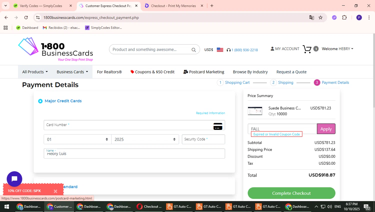 1800BusinessCards promo code screenshot showing code FALL applied at 1800BusinessCards checkout page. Uploaded by SimplyCodes community member Suicune on Oct 10, 2025