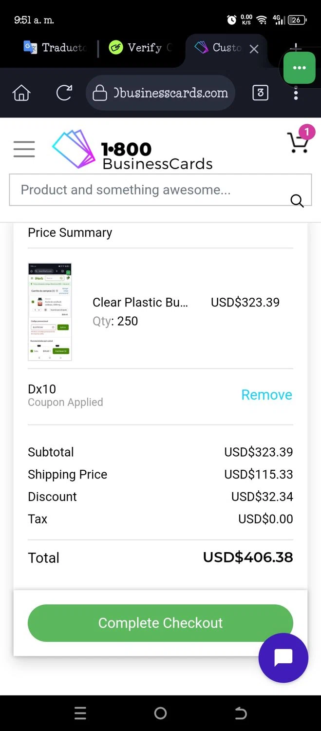1800BusinessCards promo code screenshot showing code Dx10 applied at 1800BusinessCards checkout page. Uploaded by SimplyCodes community member JannyiseaN on Dec 9, 2025