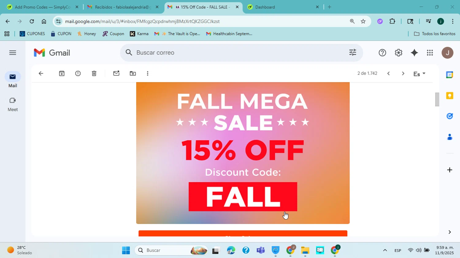 1800BusinessCards promo code screenshot showing code FALL applied at 1800BusinessCards checkout page. Uploaded by SimplyCodes community member jorgejavierherrera on Sep 11, 2025