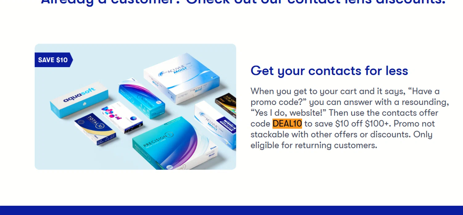 1-800 Contacts promo code screenshot showing code DEAL10 applied at 1-800 Contacts checkout page. Uploaded by SimplyCodes community member mangoBajito1543 on Aug 18, 2025