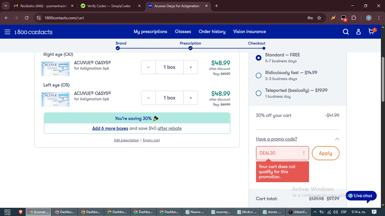 1-800 Contacts promo code screenshot showing code deal30 applied at 1-800 Contacts checkout page. Uploaded by SimplyCodes community member MoneyTiger5162 on Aug 24, 2025