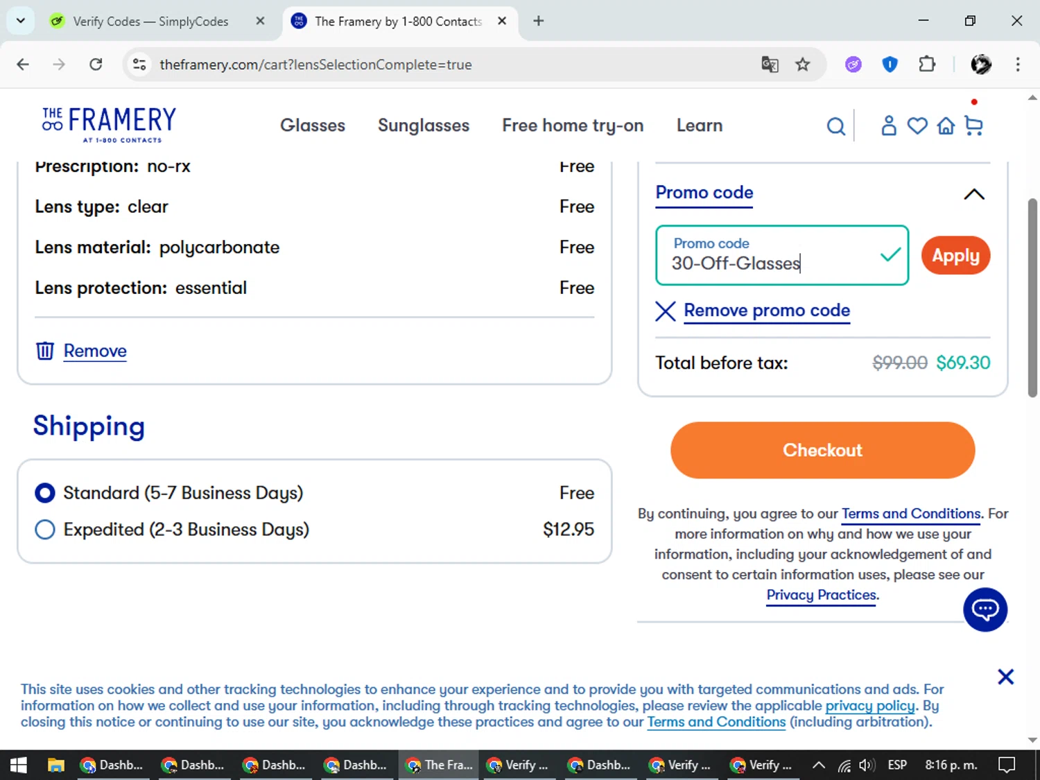 1-800 Contacts promo code screenshot showing code 30-Off-Glasses applied at 1-800 Contacts checkout page. Uploaded by SimplyCodes community member SavvyChaser6563 on Aug 3, 2025