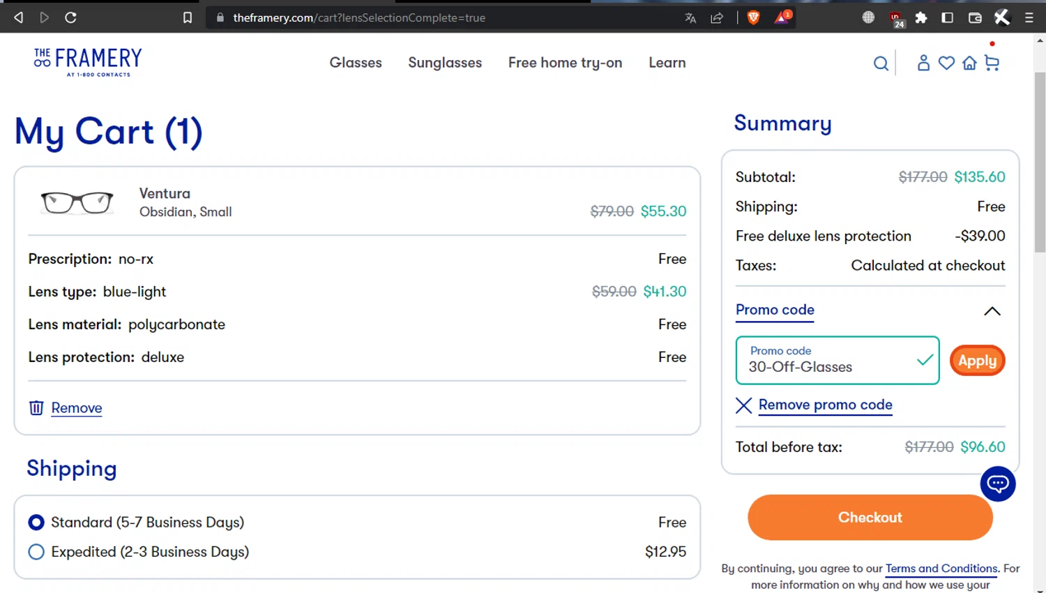 1-800 Contacts promo code screenshot showing code 30-Off-Glasses applied at 1-800 Contacts checkout page. Uploaded by SimplyCodes community member l2994552451687 on Jul 24, 2025