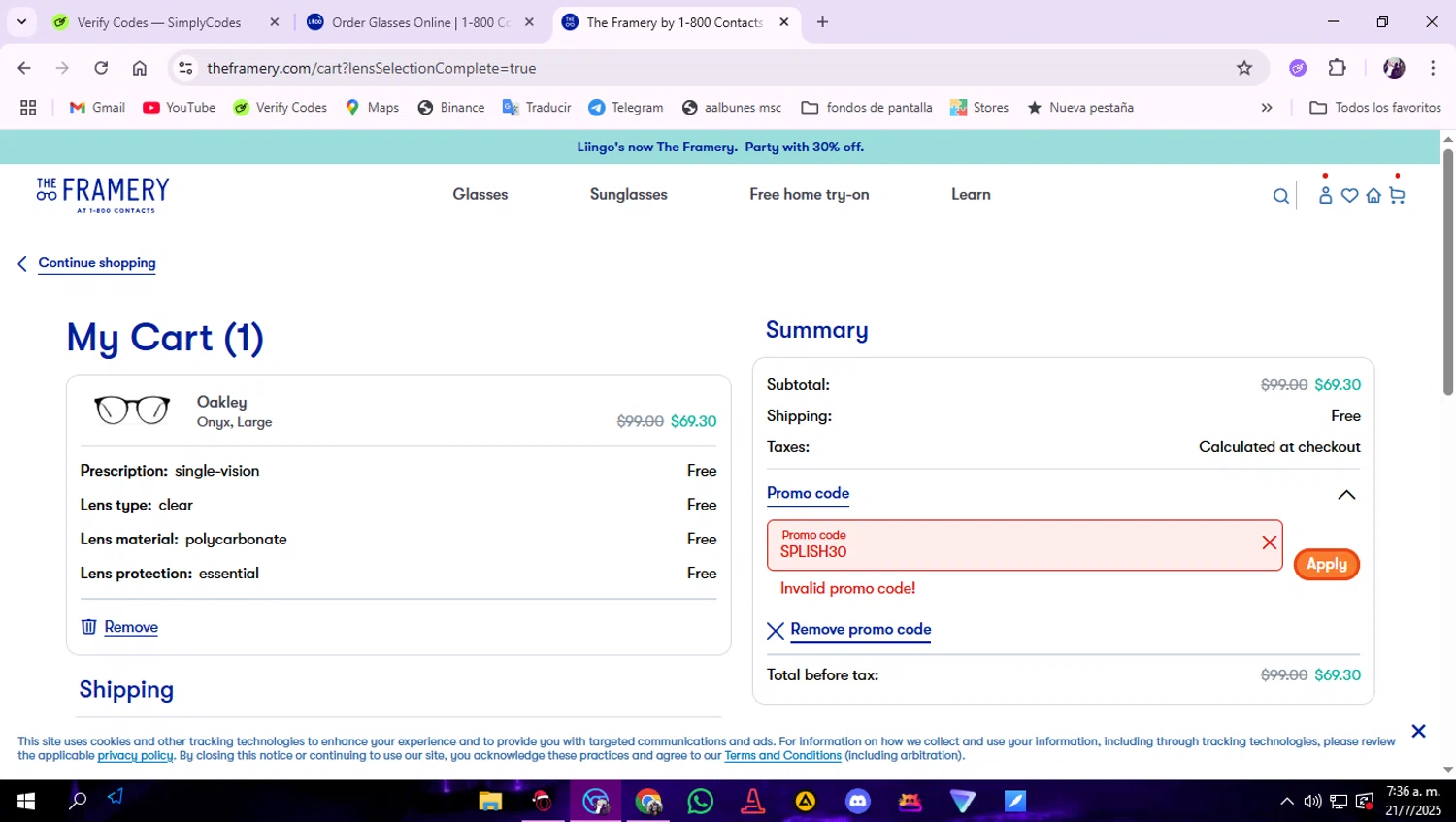 1-800 Contacts promo code screenshot showing code SPLISH30 applied at 1-800 Contacts checkout page. Uploaded by SimplyCodes community member lamineyamal on Jul 21, 2025