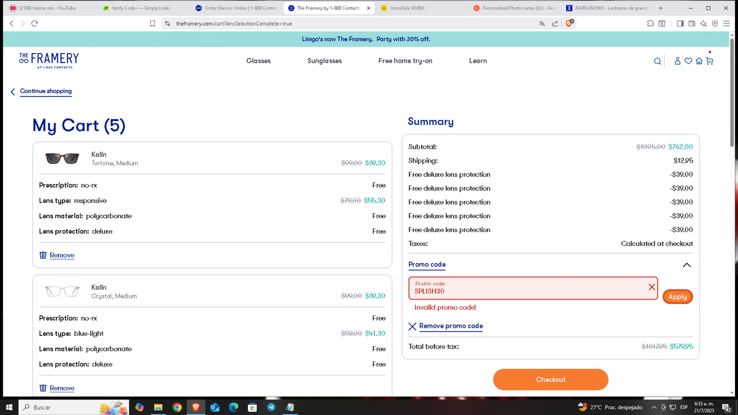 1-800 Contacts promo code screenshot showing code SPLISH30 applied at 1-800 Contacts checkout page. Uploaded by SimplyCodes community member Carloscoder_900457733 on Jul 21, 2025