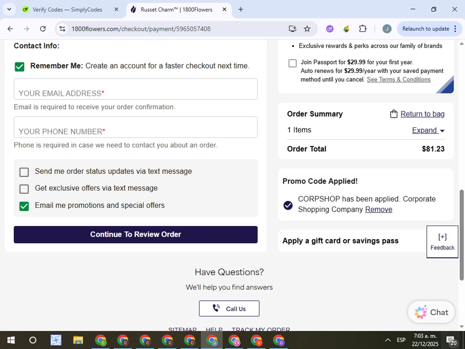 1800flowers.com promo code screenshot showing code CORPSHOP applied at 1800flowers.com checkout page. Uploaded by SimplyCodes community member ValueTracker8384 on Dec 22, 2025