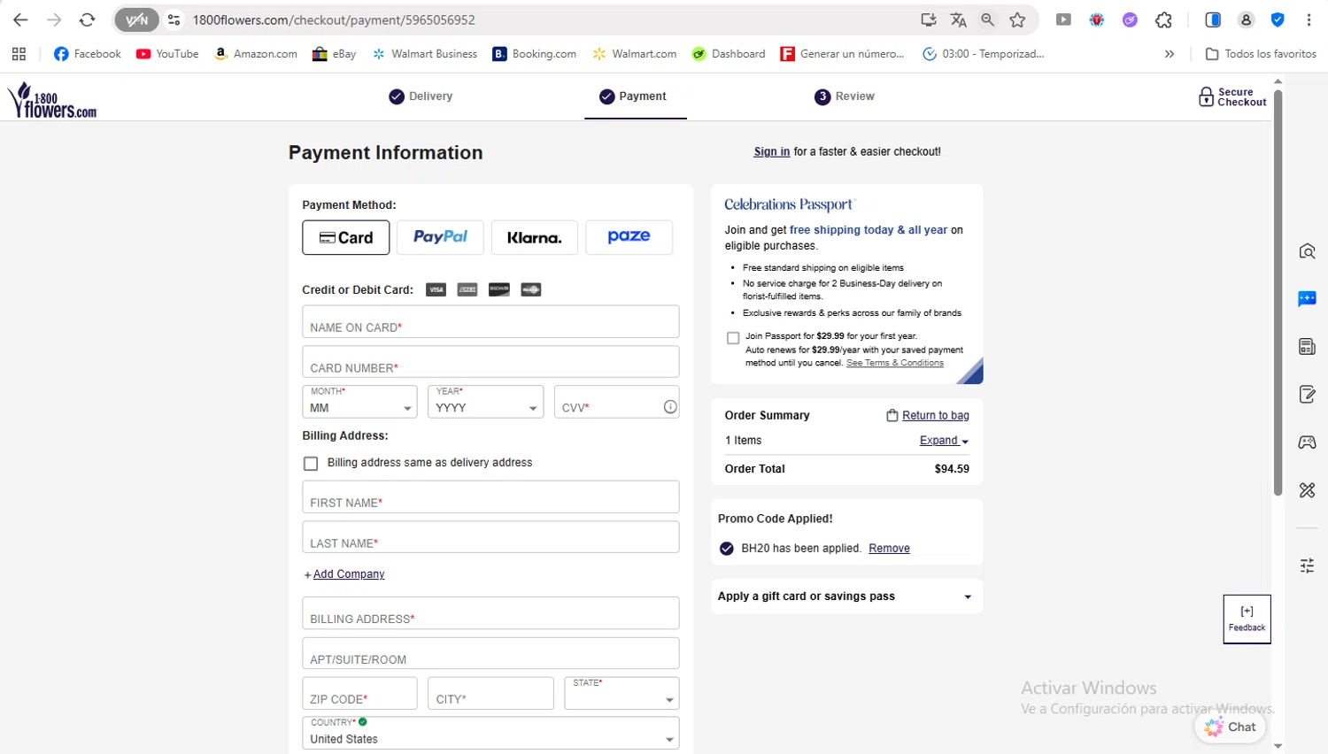 1800flowers.com promo code screenshot showing code BH20 applied at 1800flowers.com checkout page. Uploaded by SimplyCodes community member FrancyB on Dec 22, 2025