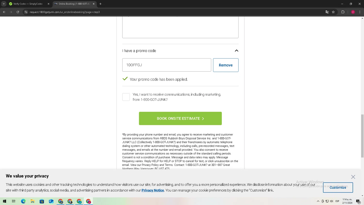 1-800-GOT-JUNK? checkout page showing 1-800-GOT-JUNK? promo code box | Screenshot taken by SimplyCodes community member on Nov 2, 2024