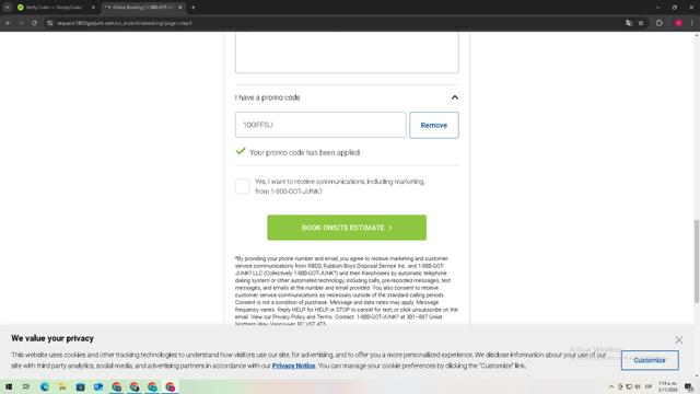 1-800-GOT-JUNK? checkout page showing 1-800-GOT-JUNK? promo code box | Screenshot taken by SimplyCodes community member on Nov 2, 2024