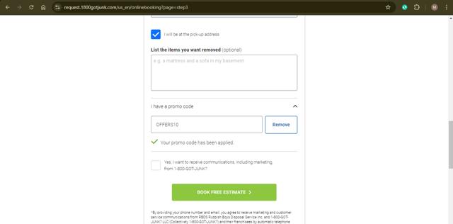 1-800-GOT-JUNK? checkout page showing 1-800-GOT-JUNK? promo code box | Screenshot taken by SimplyCodes community member on Oct 9, 2024