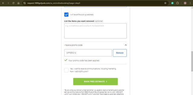 1-800-GOT-JUNK? checkout page showing 1-800-GOT-JUNK? promo code box | Screenshot taken by SimplyCodes community member on Oct 9, 2024