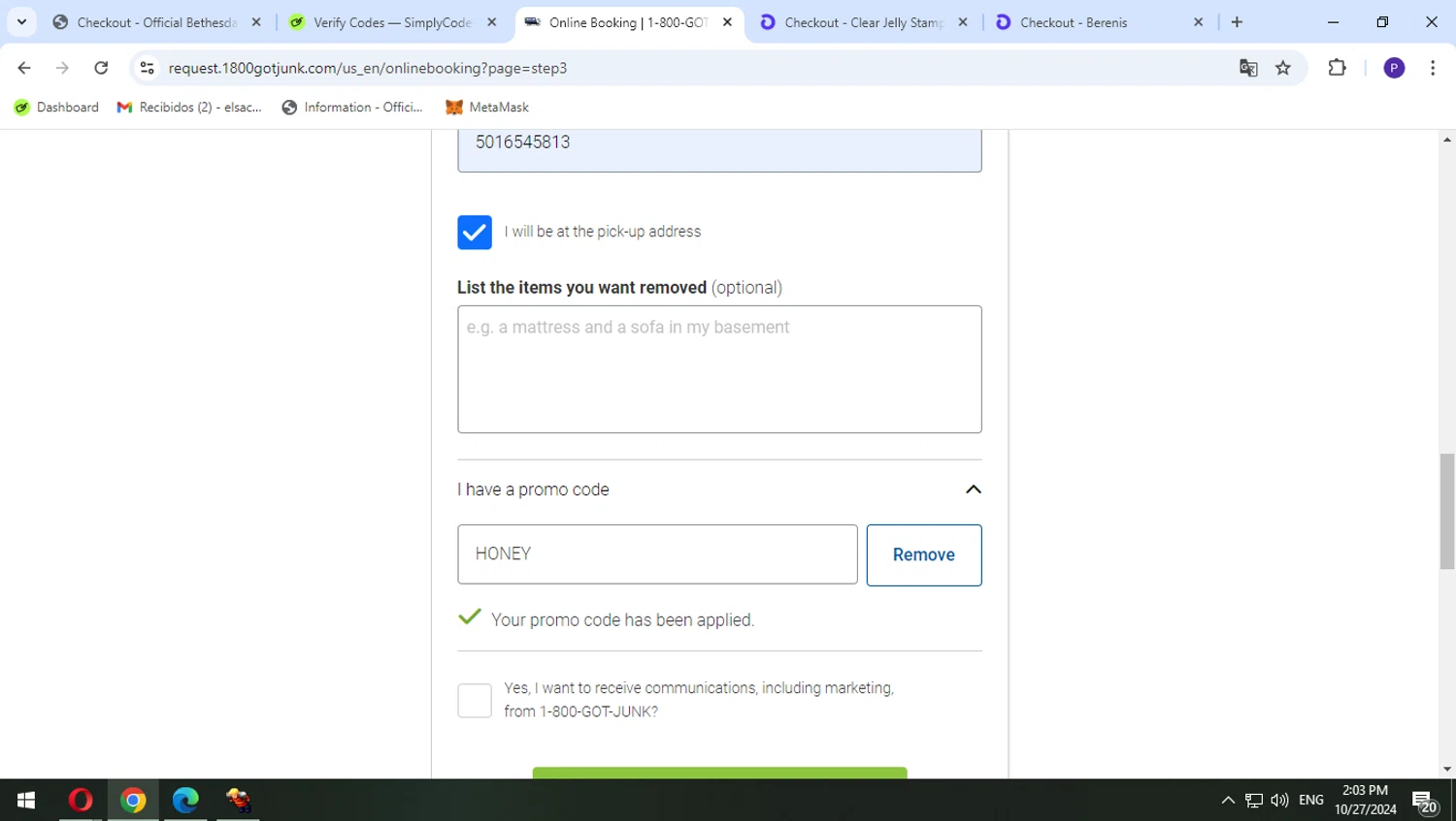 1-800-GOT-JUNK? checkout page showing 1-800-GOT-JUNK? promo code box | Screenshot taken by SimplyCodes community member on Oct 27, 2024