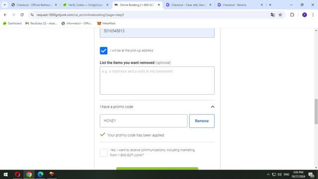 1-800-GOT-JUNK? checkout page showing 1-800-GOT-JUNK? promo code box | Screenshot taken by SimplyCodes community member on Oct 27, 2024