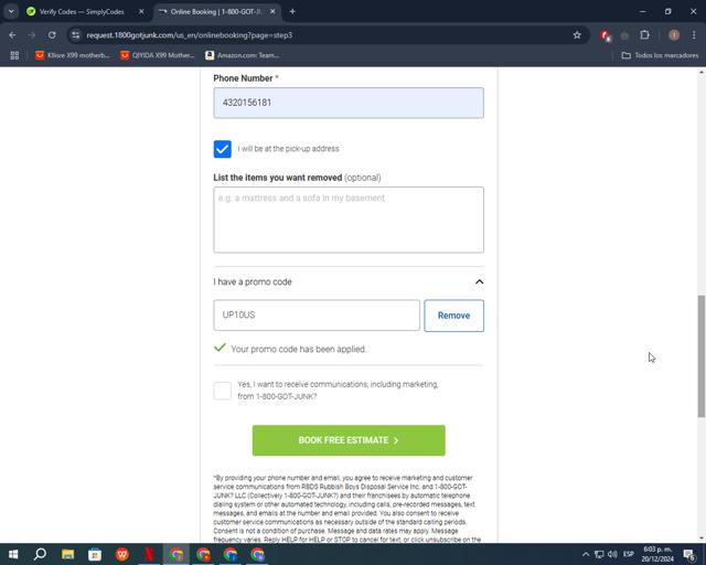 1-800-GOT-JUNK? checkout page showing 1-800-GOT-JUNK? promo code box | Screenshot taken by SimplyCodes community member on Dec 20, 2024