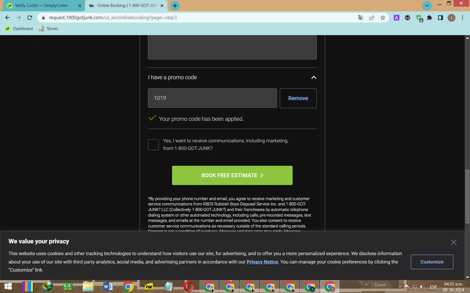 1-800-GOT-JUNK? checkout page showing 1-800-GOT-JUNK? promo code box | Screenshot taken by SimplyCodes community member on Oct 9, 2024