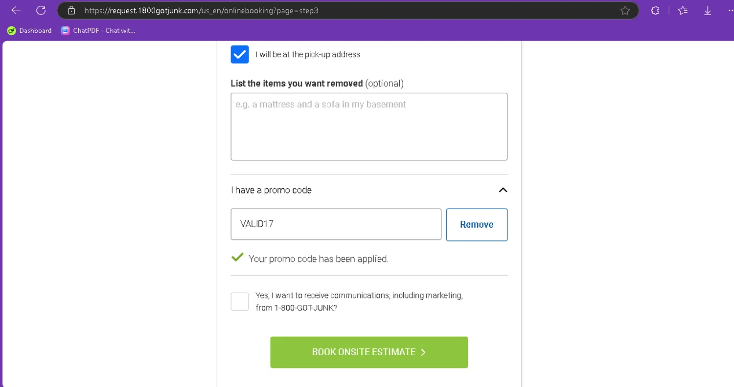 1-800-GOT-JUNK? checkout page showing 1-800-GOT-JUNK? promo code box | Screenshot taken by SimplyCodes community member on Nov 3, 2024