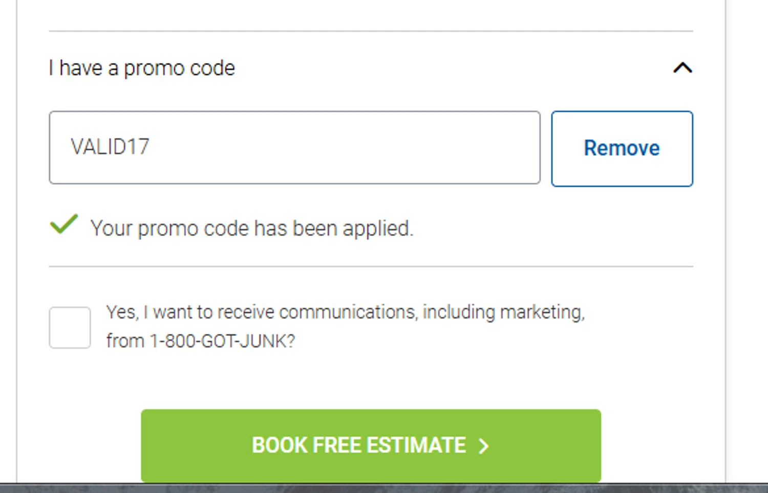 1-800-GOT-JUNK? checkout page showing 1-800-GOT-JUNK? promo code box | Screenshot taken by SimplyCodes community member on Dec 2, 2024