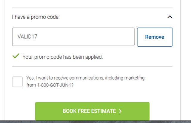 1-800-GOT-JUNK? checkout page showing 1-800-GOT-JUNK? promo code box | Screenshot taken by SimplyCodes community member on Dec 2, 2024