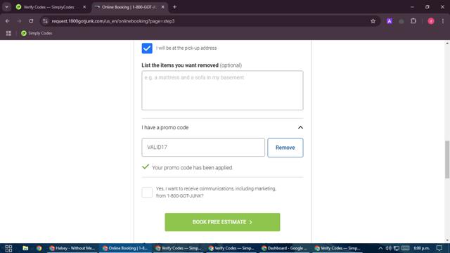 1-800-GOT-JUNK? checkout page showing 1-800-GOT-JUNK? promo code box | Screenshot taken by SimplyCodes community member on Dec 20, 2024